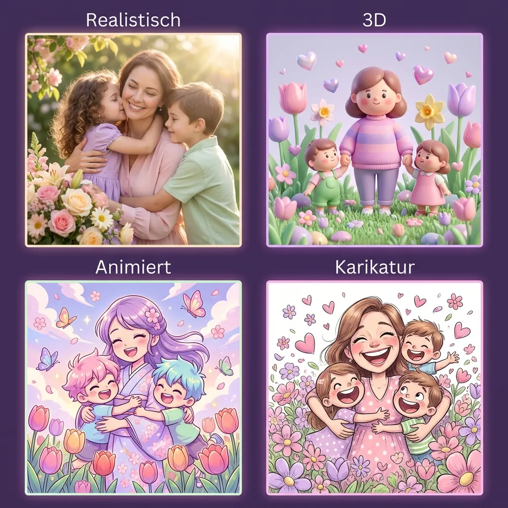 4 KI-generierte Cover-Stile: Realistisch, 3D, Animiert, Karikatur