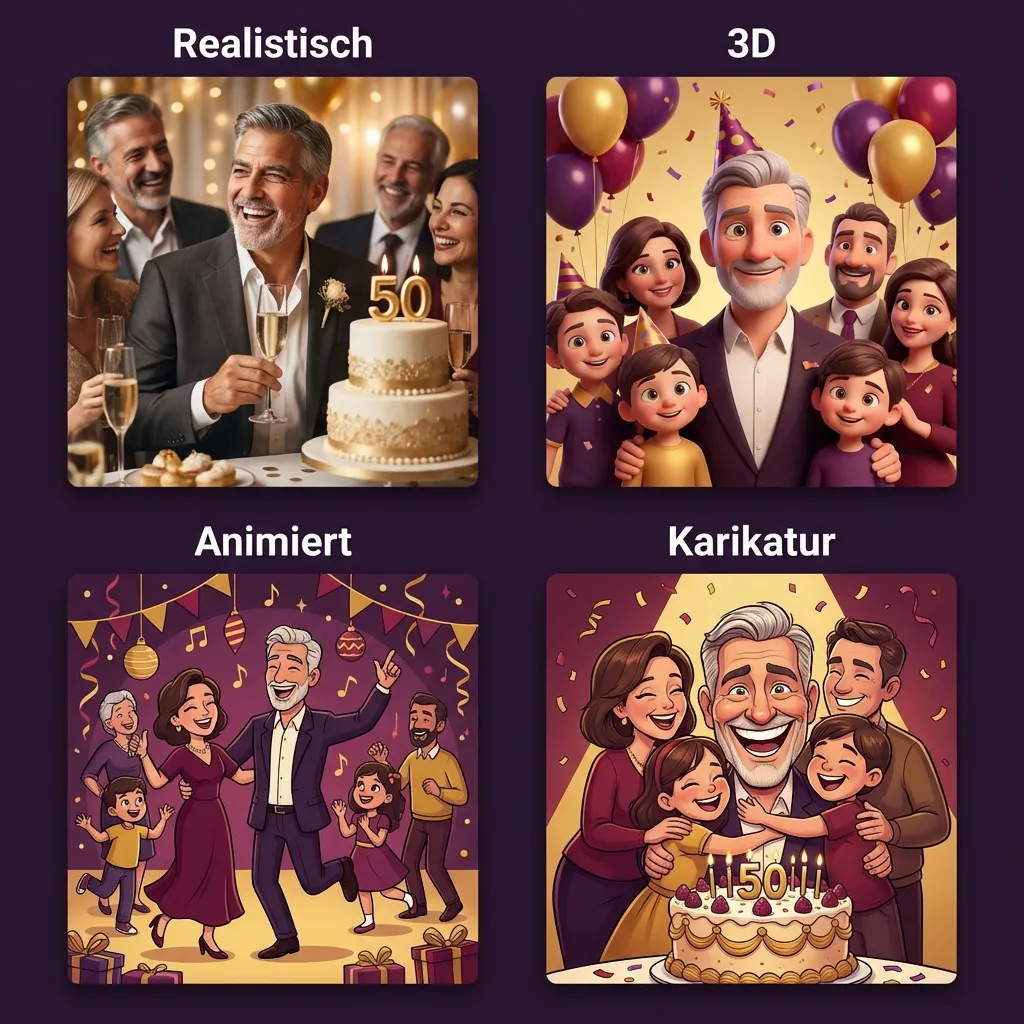 4 KI-generierte Cover-Stile: Realistisch, 3D, Animiert, Karikatur