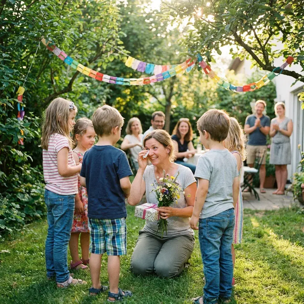 Vorschulkinder überreichen ihrer gerührten Erzieherin im sonnigen Garten des Kindergartens einen Blumenstrauß und ein kleines Geschenk, dahinter bunte Papiergirlanden und lächelnde Eltern