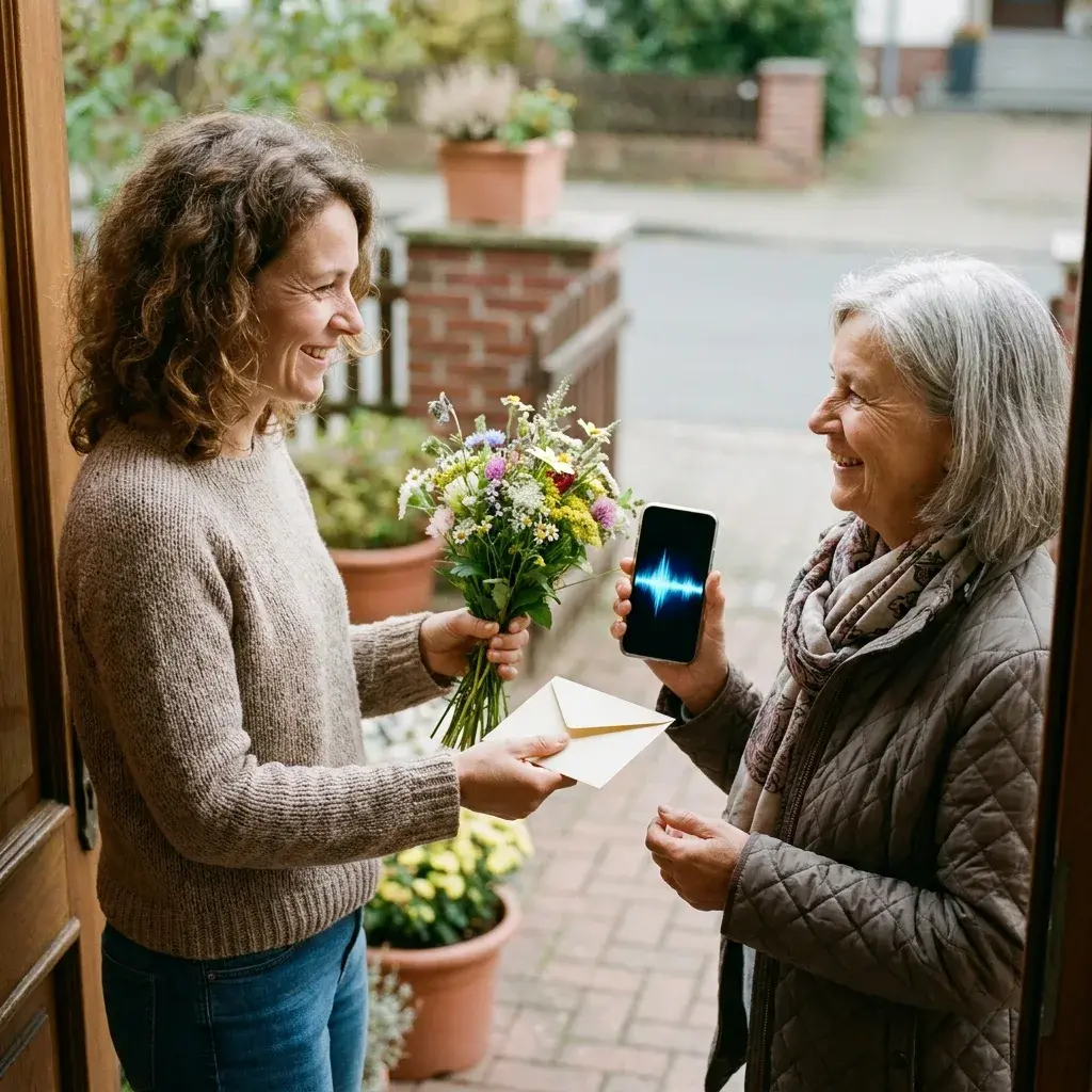 Eine Frau überreicht ihrer Mutter an der Haustür einen Blumenstrauß und einen kleinen Umschlag, die Mutter hält ein Handy mit einer Tonspur auf dem Bildschirm
