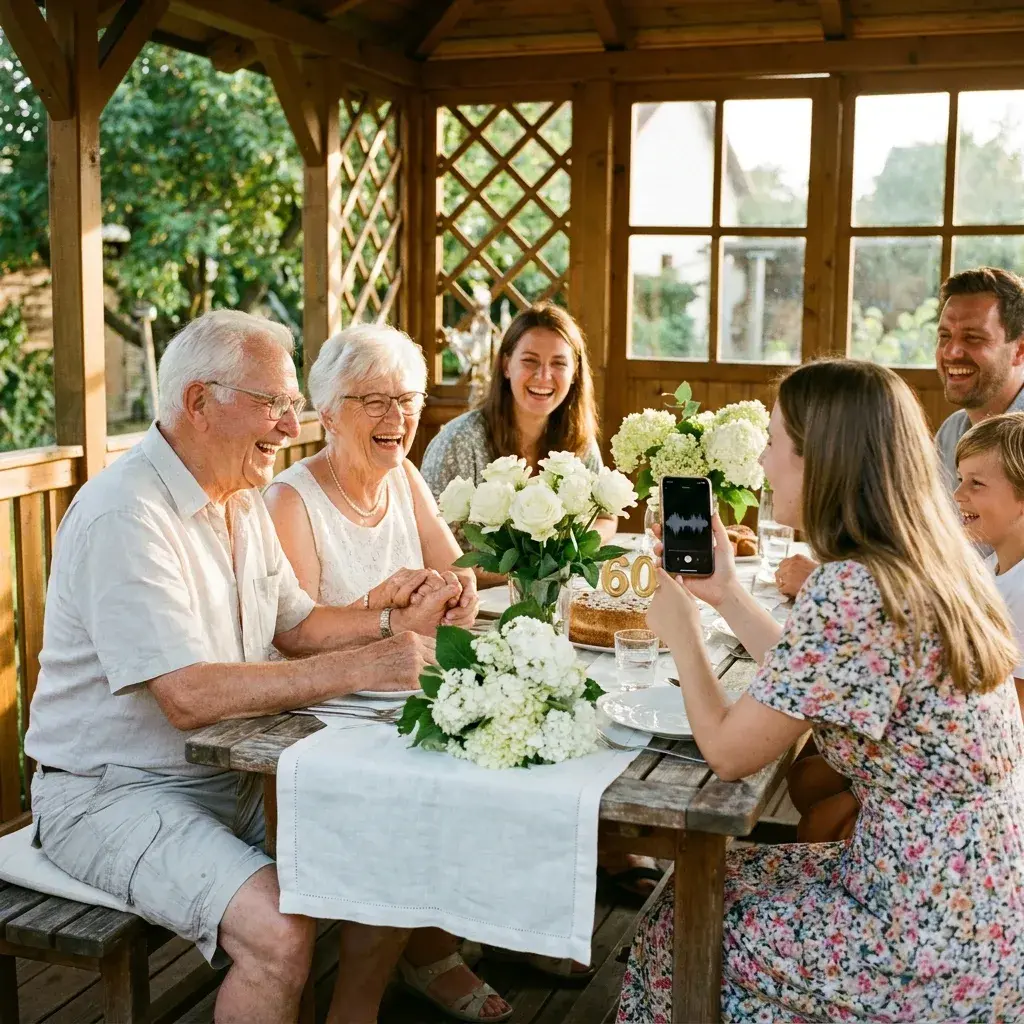 Ehepaar um die 85 hält sich an der festlich gedeckten Familientafel zur diamantenen Hochzeit an den Händen, während die erwachsene Enkelin im sommerlichen Gartenpavillon ein Smartphone mit einer Tonwelle hochhält und alle lachen