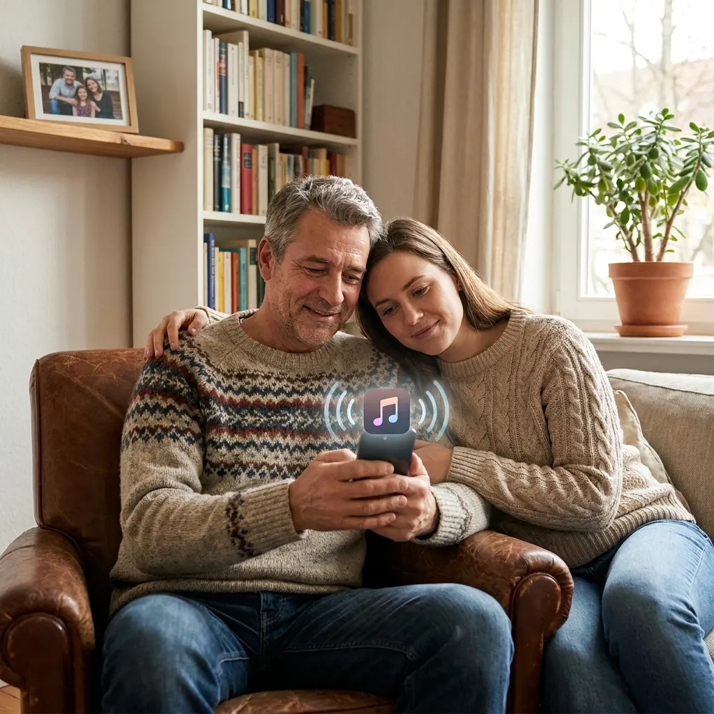 Vater und Kind hören gemeinsam personalisiertes Vatertagslied