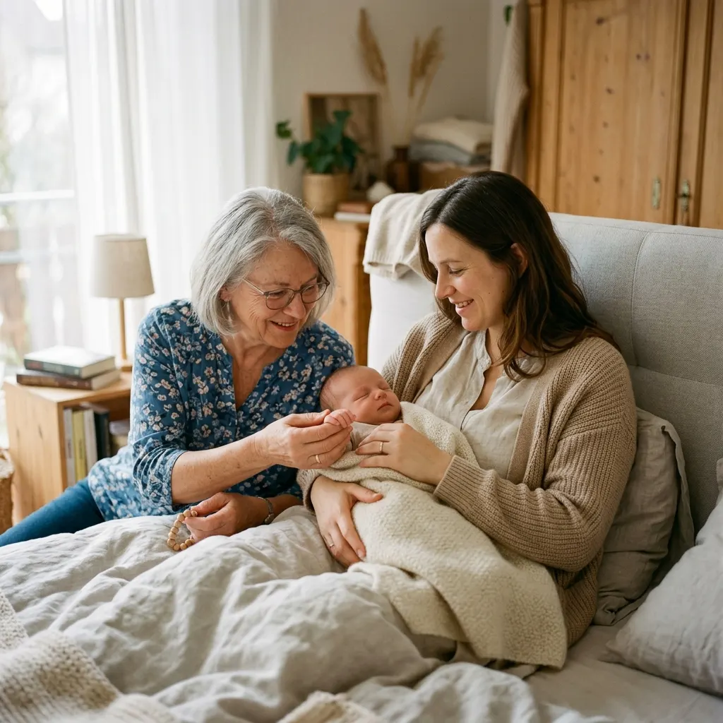 Neugeborenes schläft im Arm der Mutter, die Oma hält behutsam seine kleine Hand