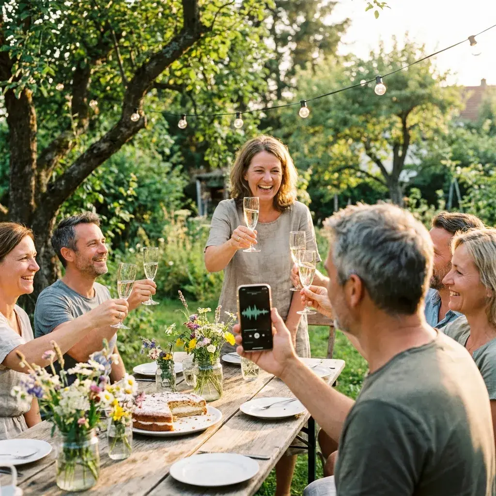 Gartenfest zum 50. Geburtstag am Abend: Eine Frau um die 50 steht lachend mit einem Sektglas an der langen Holztafel, Freunde stoßen mit ihr an, und ein Mann hält ihr ein Handy mit laufendem Lied entgegen