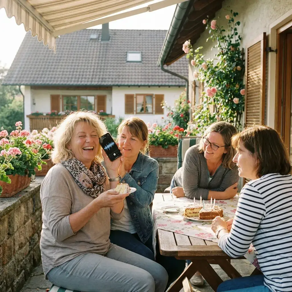 Vier Freundinnen zwischen 45 und 60 beim Geburtstagsbrunch auf einer sonnigen Terrasse mit Blumen und Torte, das Geburtstagskind lacht mit geschlossenen Augen, während eine Freundin ihr ein Handy ans Ohr hält