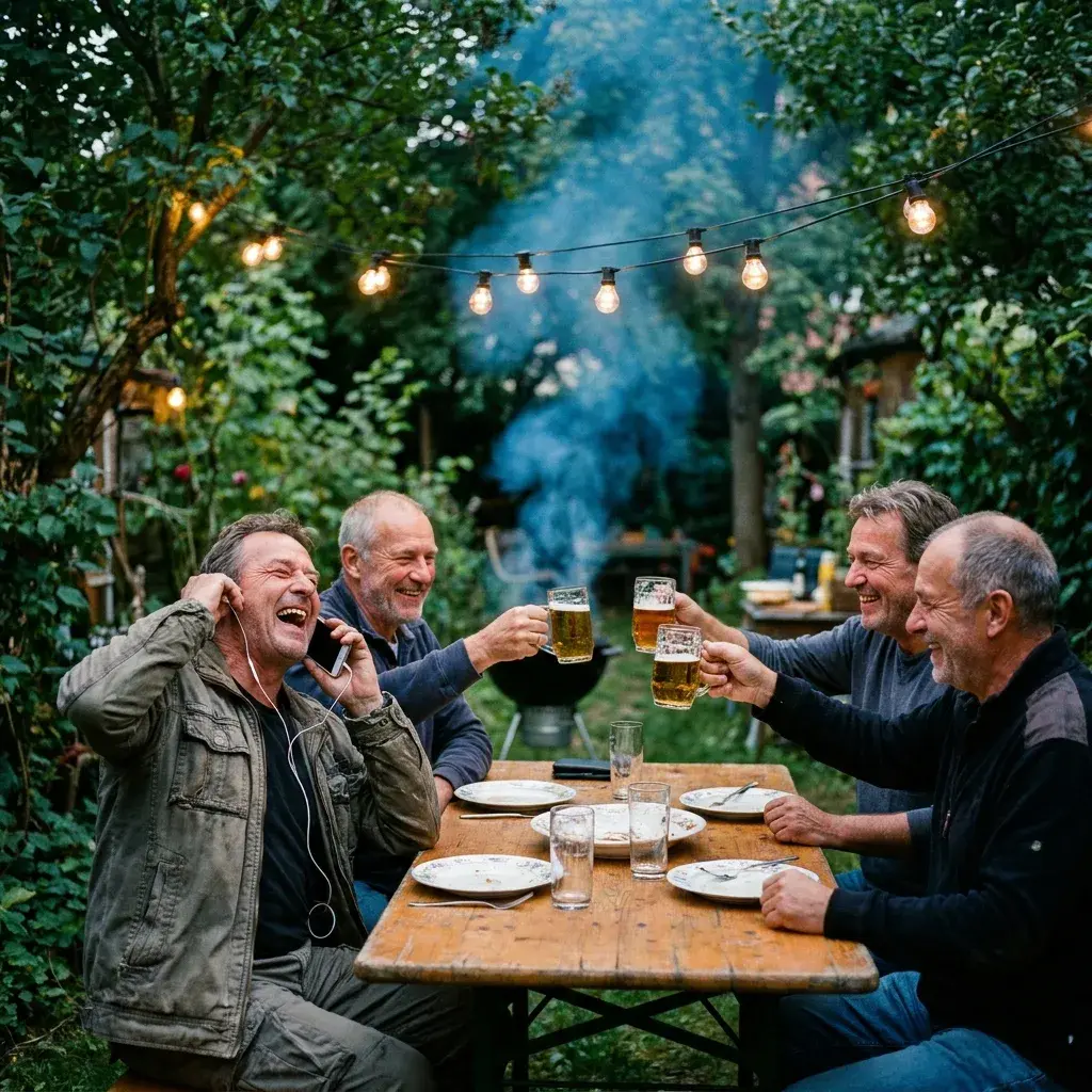 Männer zwischen 50 und 60 an einer Geburtstagstafel im Garten am Abend, einer hört mit Kopfhörern am Handy ein Lied und lacht laut, die anderen stoßen mit Biergläsern an, hinten Lichterkette und Grillrauch