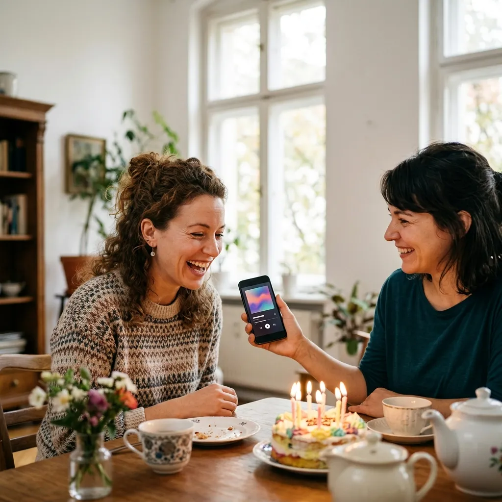 Geburtstag unter Freundinnen in einer hellen Altbauwohnung: Eine Frau hält ihrer lachenden Freundin ein Smartphone hin, auf dem ein Lied läuft, auf dem Holztisch stehen eine Torte mit brennenden Kerzen, Teetassen und eine Teekanne