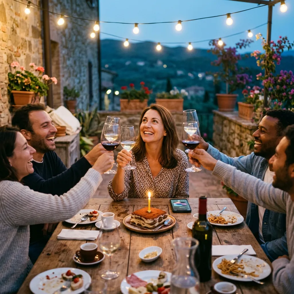 Abendessen auf einer Terrasse unter einer Lichterkette: Freunde stoßen auf eine Frau an, die Geburtstag hat, vor ihr steht ein Tiramisu mit einer Kerze, daneben Espressotassen und ein Smartphone, auf dem ein Lied läuft