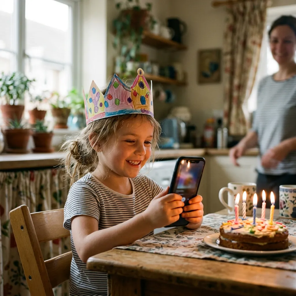 Ein etwa sechsjähriges Mädchen mit gebastelter Geburtstagskrone sitzt am Frühstückstisch, hält ein Smartphone in beiden Händen und hört strahlend ein Lied, daneben ein Kuchen mit brennenden Kerzen, im Hintergrund lächelt die Mutter