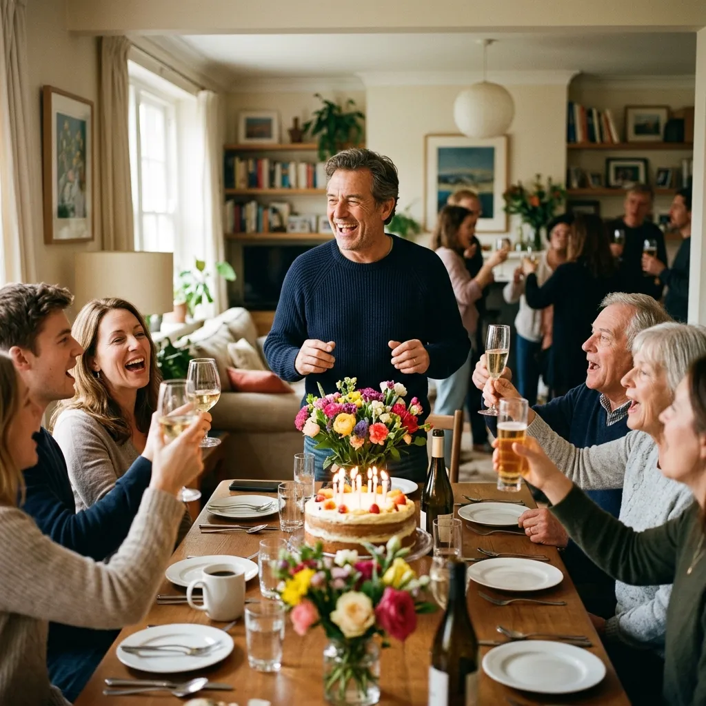 Geburtstag im Familienkreis: Ein Mann um die 50 steht lachend am Tisch, Familie und Freunde heben die Gläser und singen für ihn, auf dem Tisch stehen eine Torte mit Kerzen, Blumen und Kaffee