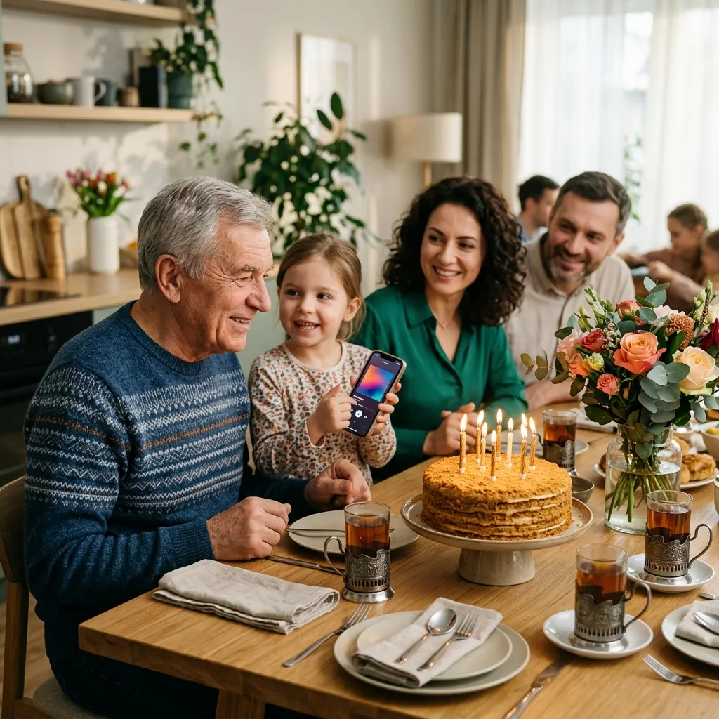 Drei Generationen am festlich gedeckten Geburtstagstisch: Der Großvater lächelt, während ihm seine Enkelin auf dem Smartphone ein Lied vorspielt, auf dem Tisch stehen eine Honigtorte mit Kerzen, Tee in Glashaltern und ein Blumenstrauß