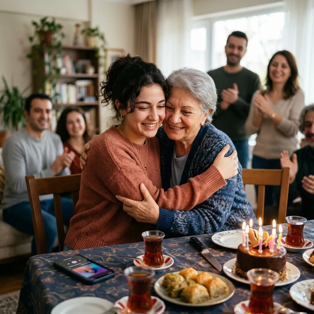 Familienfeier im Wohnzimmer: Eine Großmutter umarmt ihre Enkelin, die Geburtstag hat, die Familie klatscht; auf dem Tisch stehen Tee in tulpenförmigen Gläsern, Baklava, eine Schokoladentorte mit brennenden Kerzen und ein Smartphone, auf dem ein Lied läuft