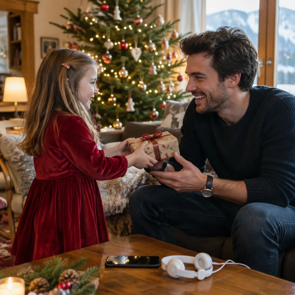Ein fünfjähriges Mädchen überreicht seinem Götti im weihnachtlich geschmückten Wohnzimmer ein kleines Päckchen, er lacht; auf dem Sofatisch liegt ein Smartphone mit Kopfhörern, im Hintergrund steht ein Christbaum