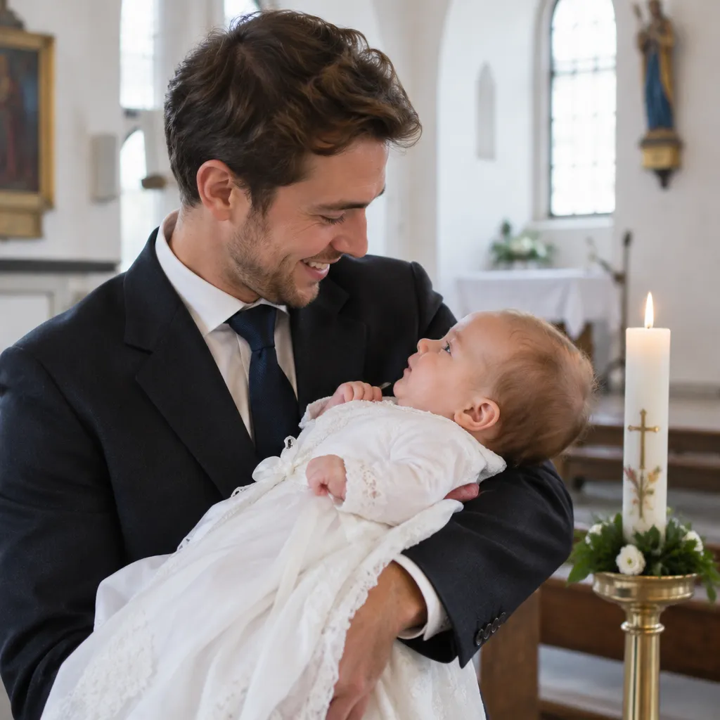 Ein Taufpate hält sein Patenkind im weißen Taufkleid im Arm und lächelt es an, daneben brennt die Taufkerze in einer hellen Dorfkirche
