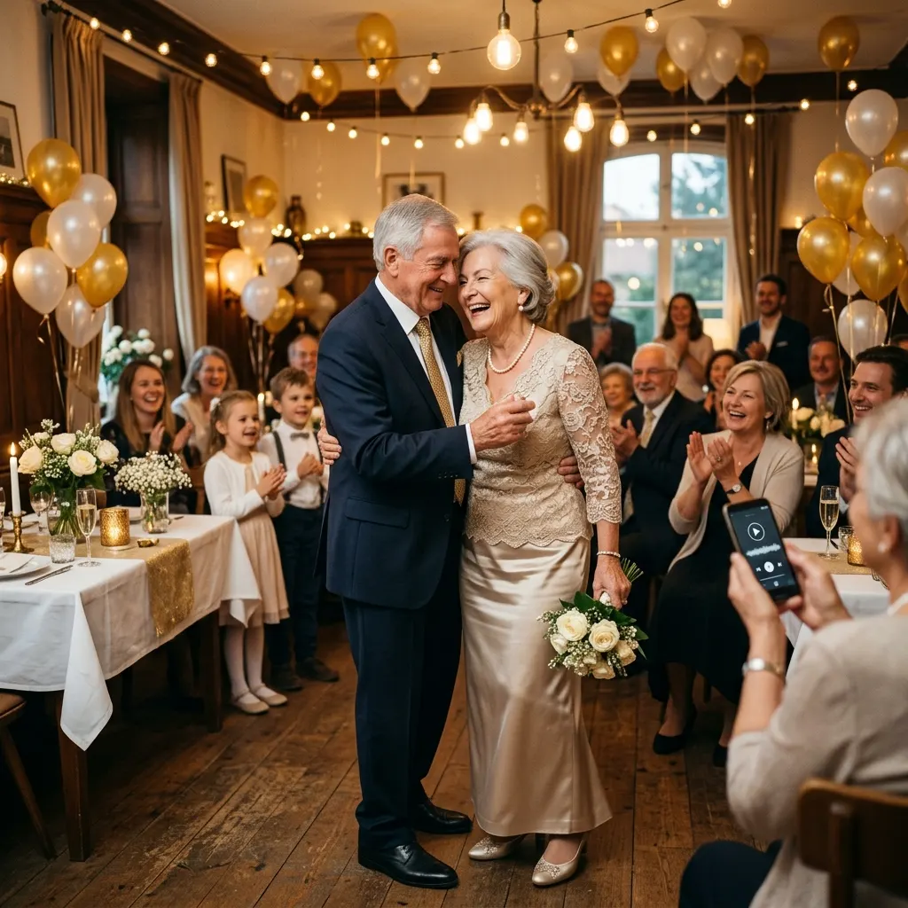Ehepaar um die 75 tanzt auf seiner goldenen Hochzeit, die Familie klatscht im Hintergrund