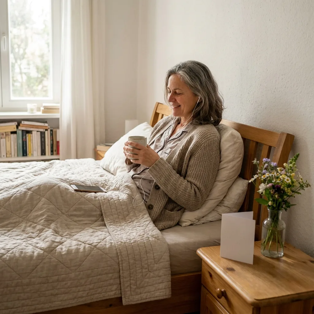 Frau um die 55 sitzt mit Decke und einer Tasse Tee im Bett, lächelt und hört mit Ohrhörern ein Lied auf dem Handy, neben ihr Blumen und eine Karte auf dem Nachttisch