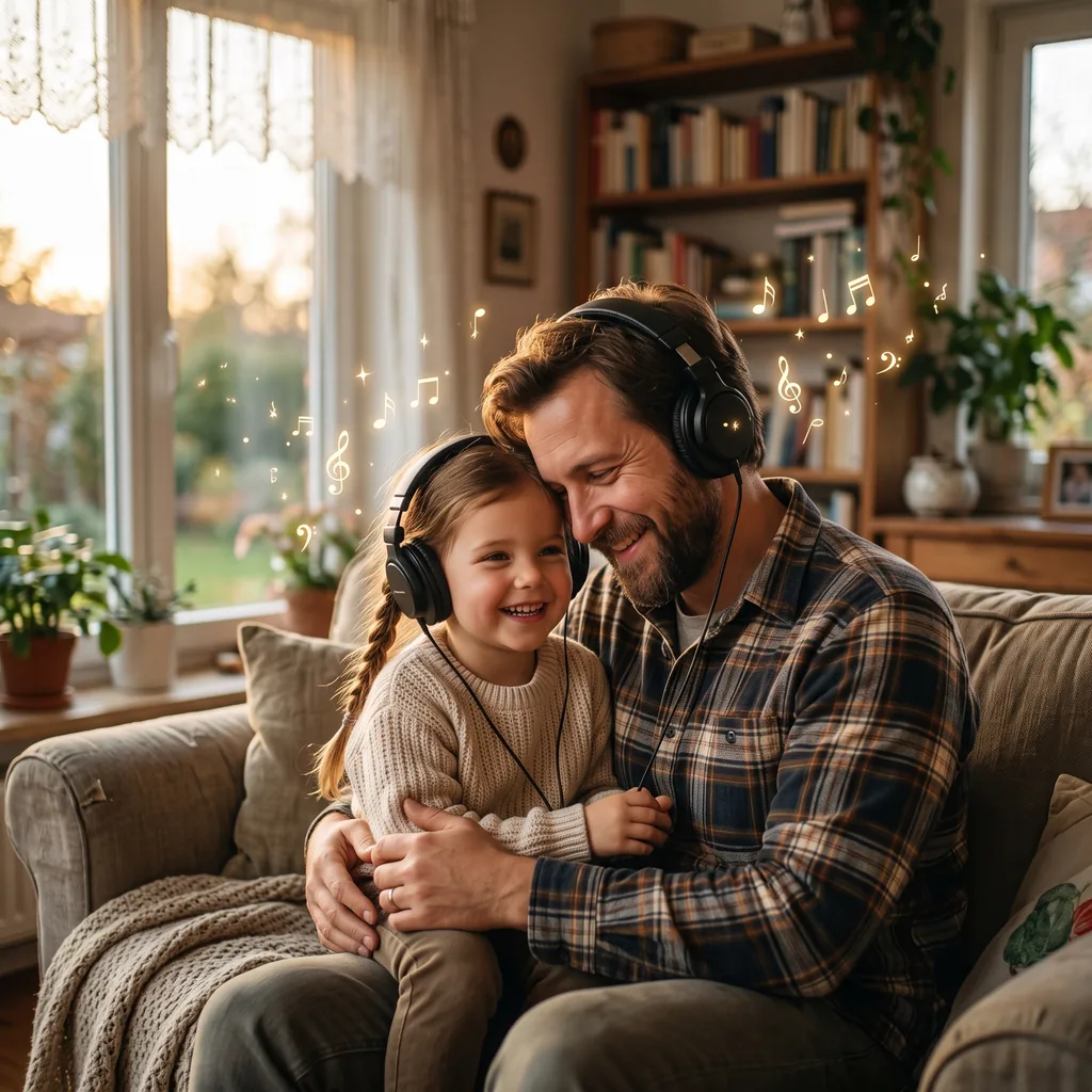 Elternteil hört mit dem Kind gemeinsam einen Song über Kopfhörer