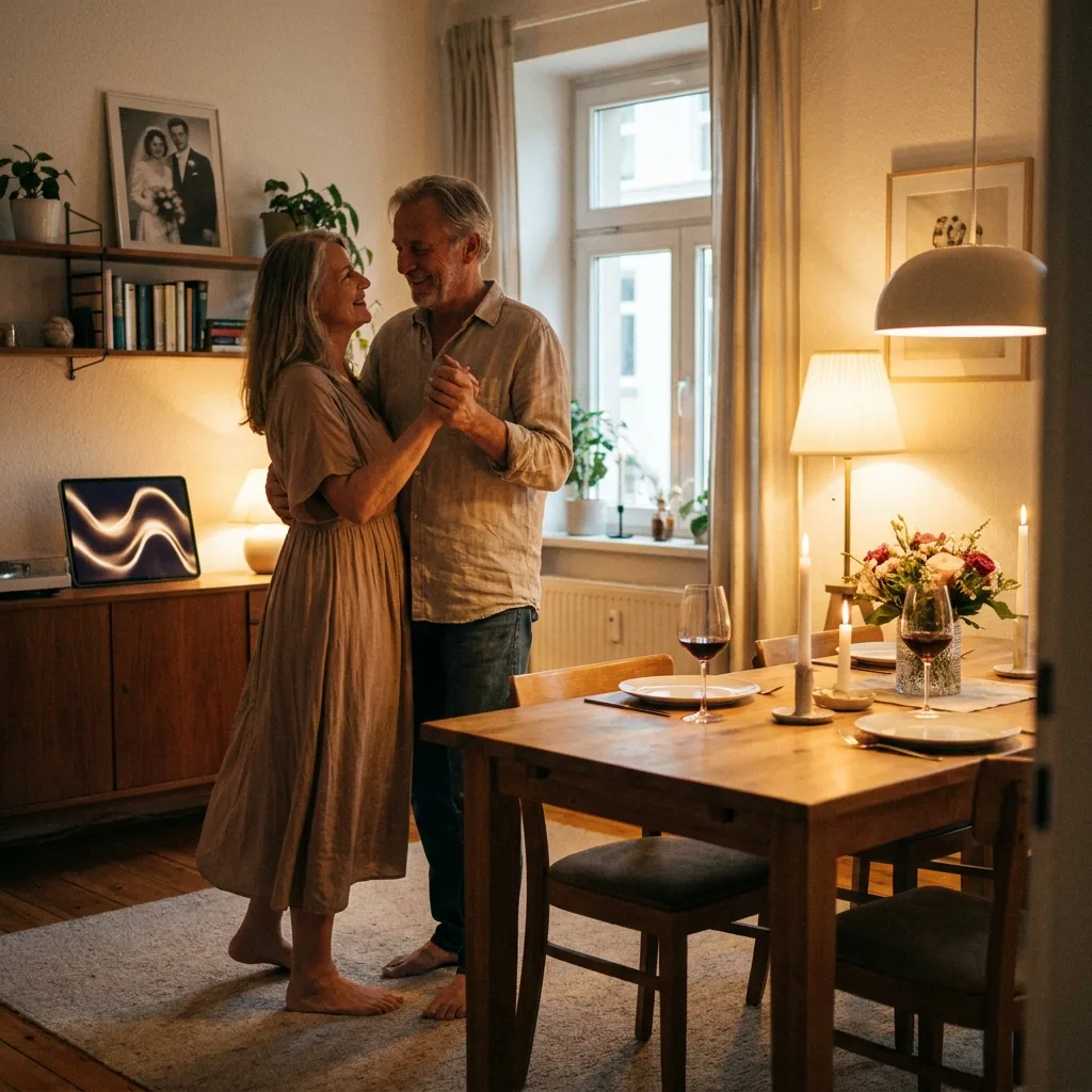 Paar um die 60 tanzt barfuß im Wohnzimmer an seinem Hochzeitstag, mit Kerzen, gedecktem Tisch für zwei, dem gerahmten Hochzeitsfoto im Hintergrund und einem Smartphone auf der Kommode