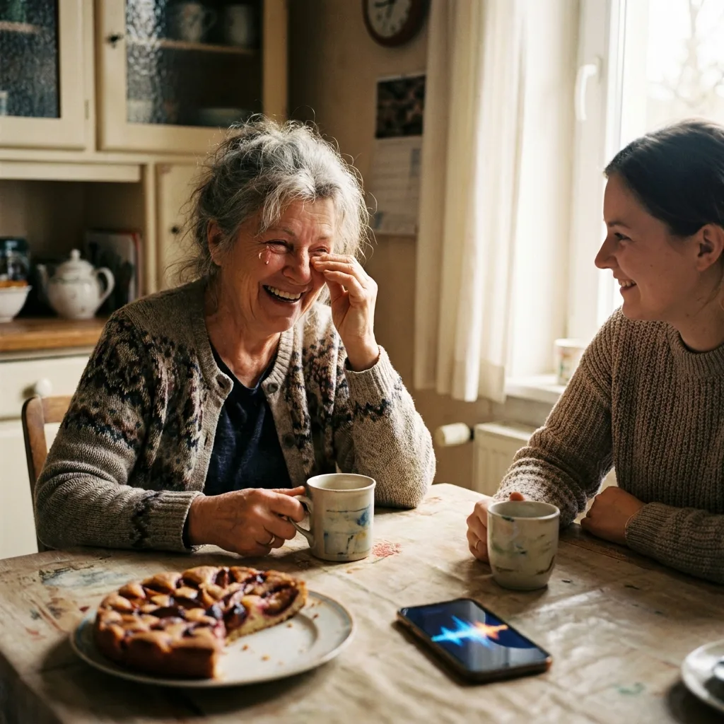 Großmutter und ihre erwachsene Enkelin am Küchentisch mit Kaffee und Pflaumenkuchen, zwischen ihnen liegt ein Smartphone, die Oma wischt sich lachend eine Freudenträne ab