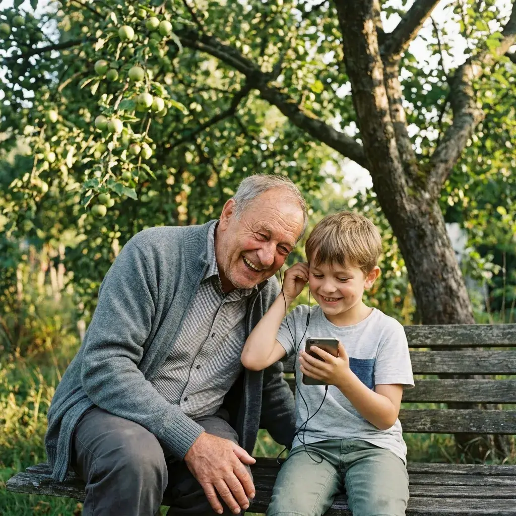 Opa und sein achtjähriger Enkel sitzen lachend auf einer Holzbank unter einem Apfelbaum, der Junge hält sich einen Kabel-Ohrhörer ans Ohr und schaut auf sein Handy