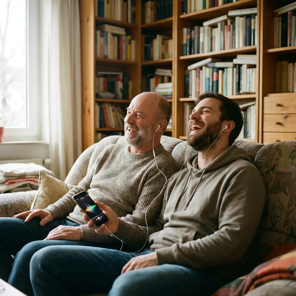 Vater und erwachsener Sohn sitzen lachend auf dem Wohnzimmersofa und hören über geteilte Kopfhörer ein Lied vom Handy des Sohnes