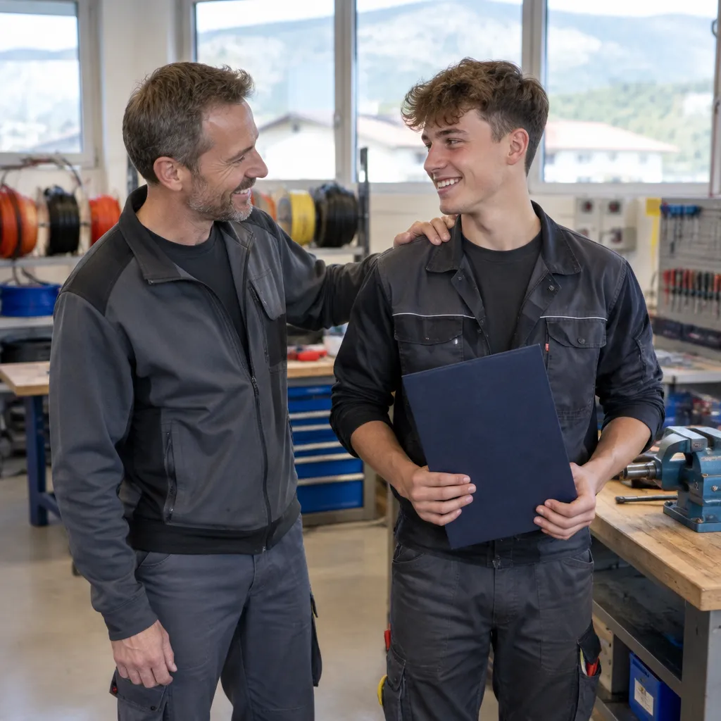 Ein junger Elektroinstallateur in Arbeitskleidung hält in der Werkstatt lächelnd seine Zeugnismappe, sein Berufsbildner klopft ihm auf die Schulter; im Hintergrund Werkbank und Kabelrollen