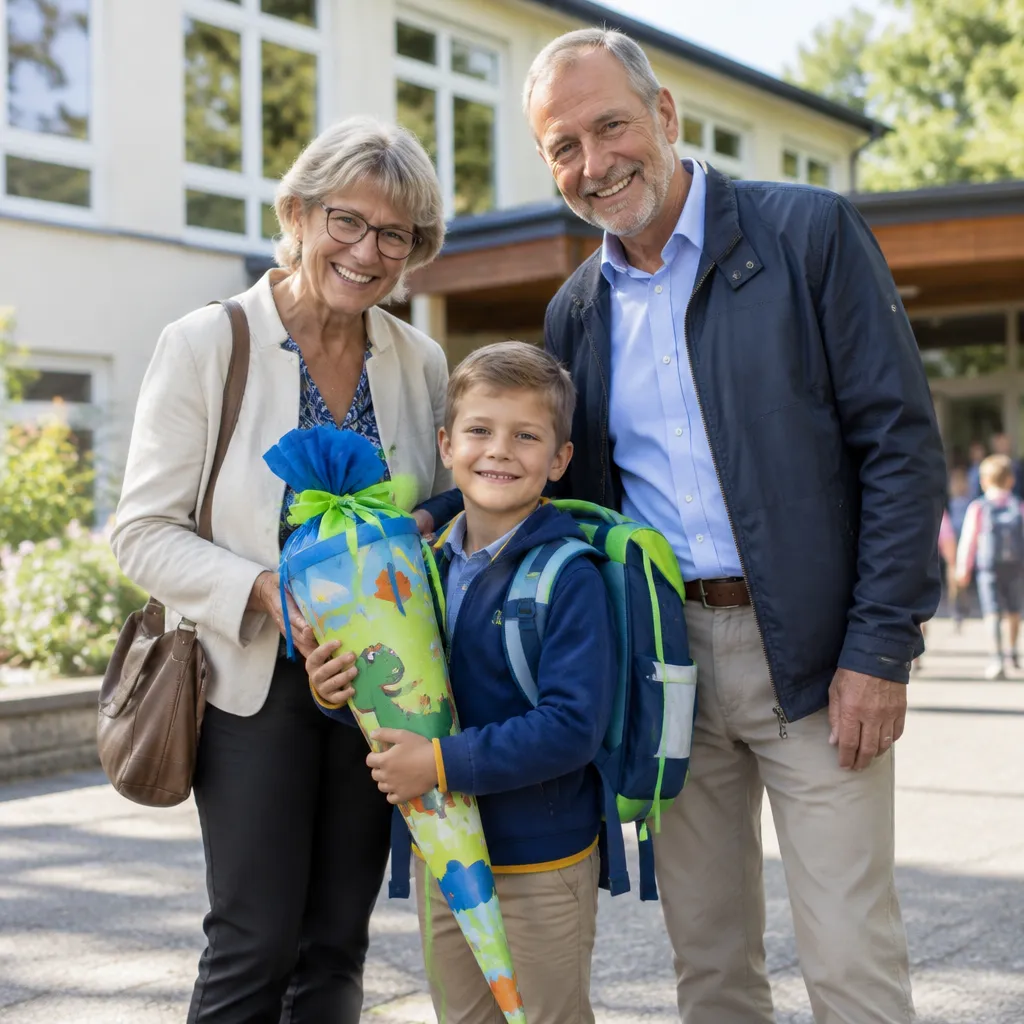 Ein sechsjähriger Bub mit großer Schultüte und neuer Schultasche steht am ersten Schultag vor der Volksschule, seine Großeltern stehen stolz daneben
