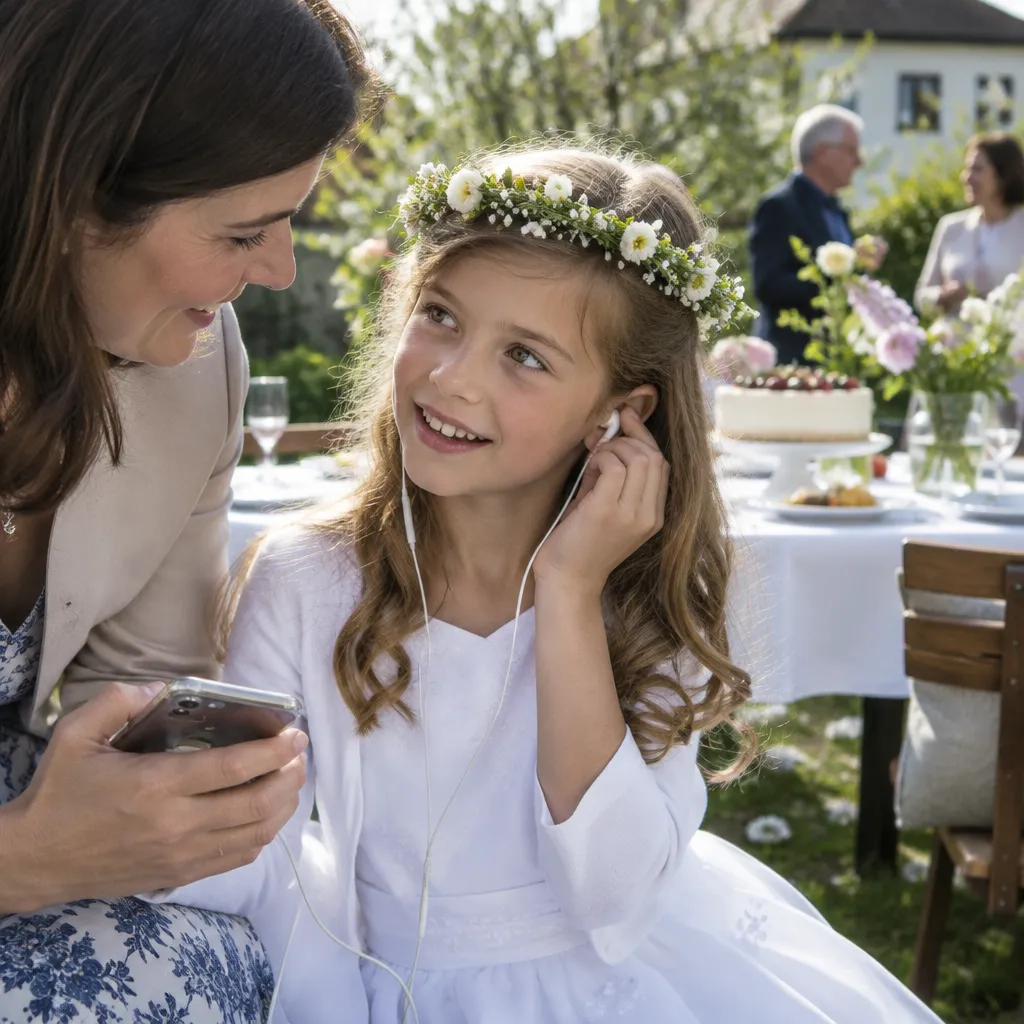 Familienfest nach der Erstkommunion: Ein achtjähriges Mädchen im weißen Kleid mit Blumenkranz im Haar hört über Kopfhörer ein Lied auf dem Smartphone ihrer Taufpatin, im Hintergrund ein festlich gedeckter Gartentisch