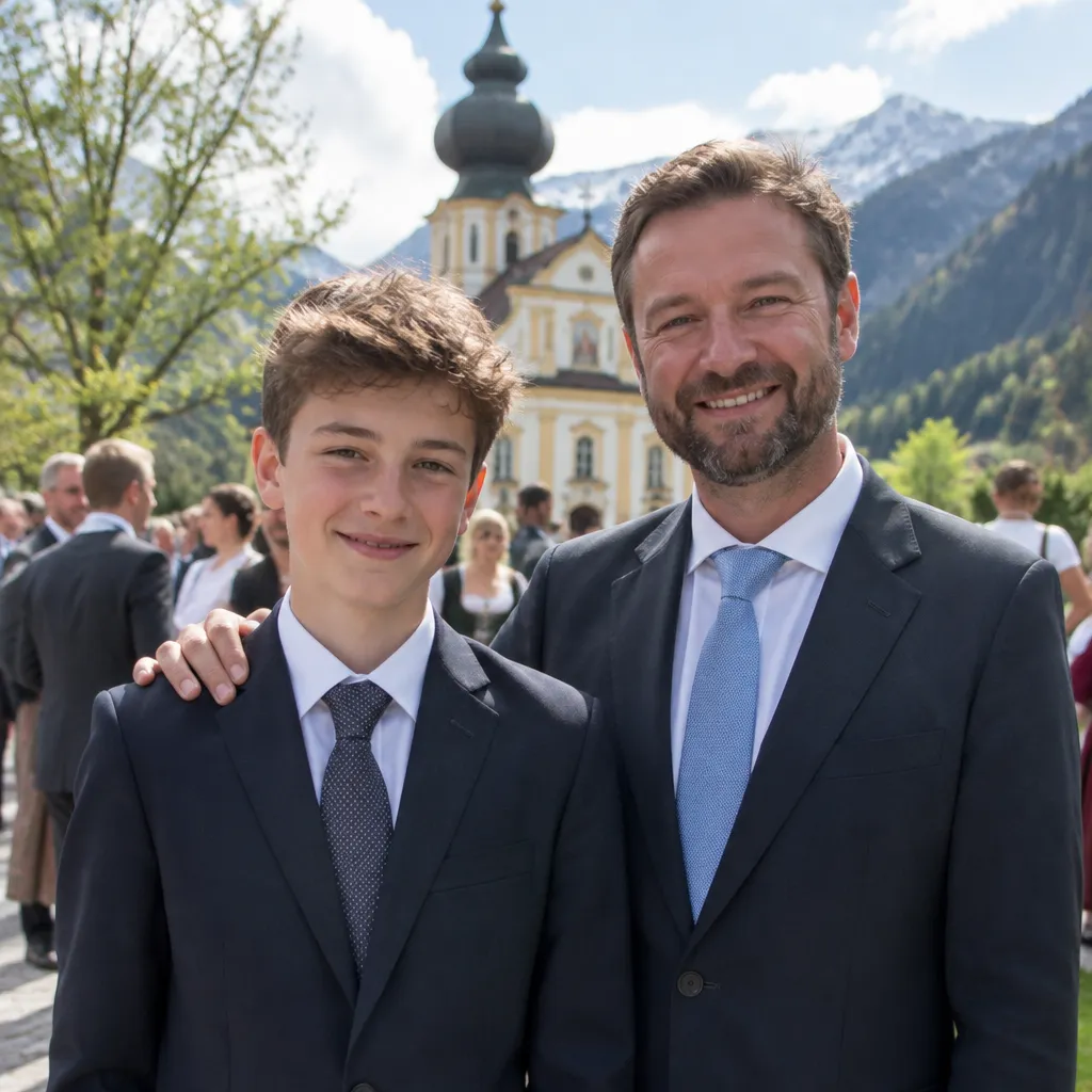 Ein dreizehnjähriger Bub im dunklen Sakko steht nach der Firmung mit seinem Firmpaten vor einer Barockkirche in den Bergen; der Pate legt ihm die Hand auf die Schulter, beide lächeln