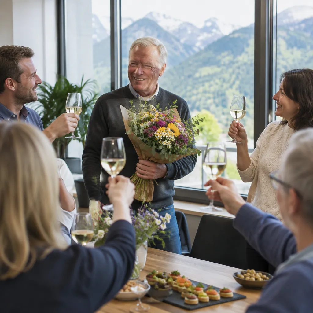 Pensionierungsapéro im Betrieb: Kolleginnen und Kollegen stoßen mit einem Mann Mitte sechzig an, der einen Blumenstrauß hält; durchs Fenster sieht man Berge, auf dem Tisch stehen Häppchen und Weißweingläser