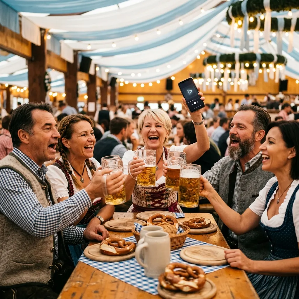 Fünf Freunde in Dirndl und Trachtenhemd stoßen im festlich geschmückten Bierzelt mit Maßkrügen an, eine Frau hält ein Handy mit einem abspielenden Lied hoch