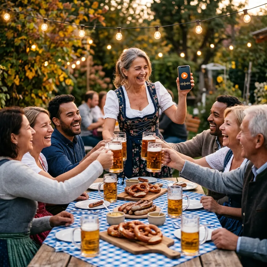 Oktoberfest-Party im Garten: lange Tafel mit blau-weiß karierter Tischdecke, Brezn und Würstl, Gäste stoßen an, die Gastgeberin im Dirndl hält ein Handy mit einem Lied hoch