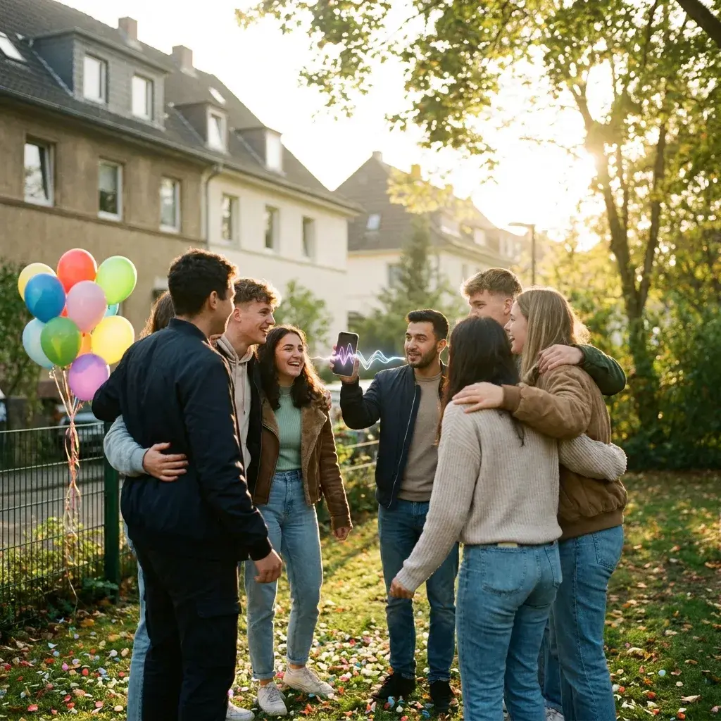 Junge Schulabgänger feiern im Abendlicht Arm in Arm auf einer Wiese mit bunten Luftballons und Konfetti, einer von ihnen hält ein Smartphone mit einer Tonwelle hoch