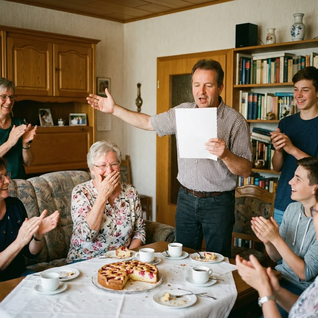 Familienfeier im Wohnzimmer: Ein Mann um die 50 singt mit einem Blatt Papier in der Hand, die 70-jährige Oma hält sich lachend die Hand vor den Mund, die Gäste klatschen, auf dem Tisch stehen Kuchen und Kaffee