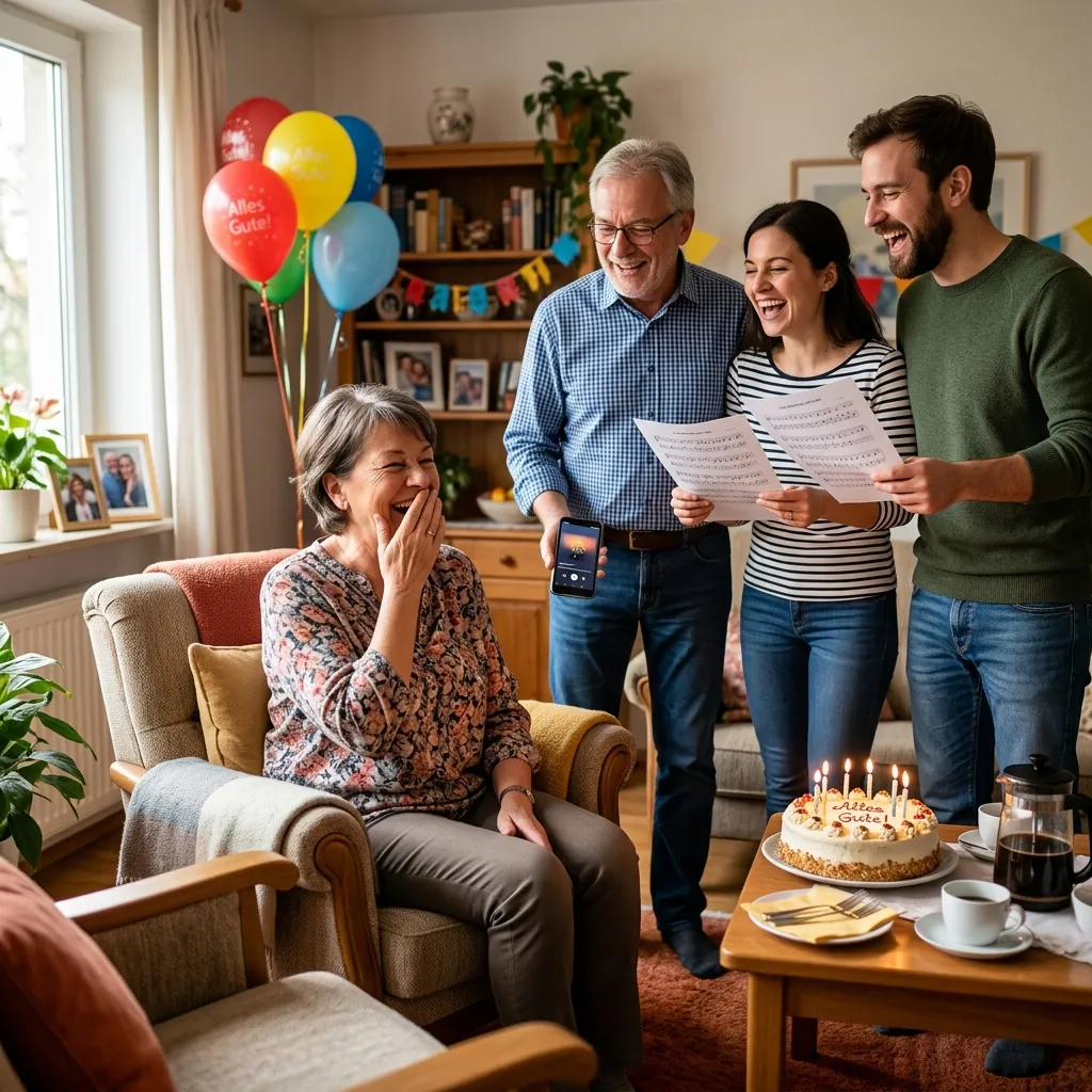 Geburtstagsfeier im Wohnzimmer: Eine Frau um die 60 sitzt im Sessel und lacht mit der Hand vor dem Mund, ihr Mann hält das Handy mit der Musik, zwei erwachsene Kinder singen ihr von Textblättern ein Lied, vorn ein Kaffeetisch mit Geburtstagstorte, hinten Luftballons