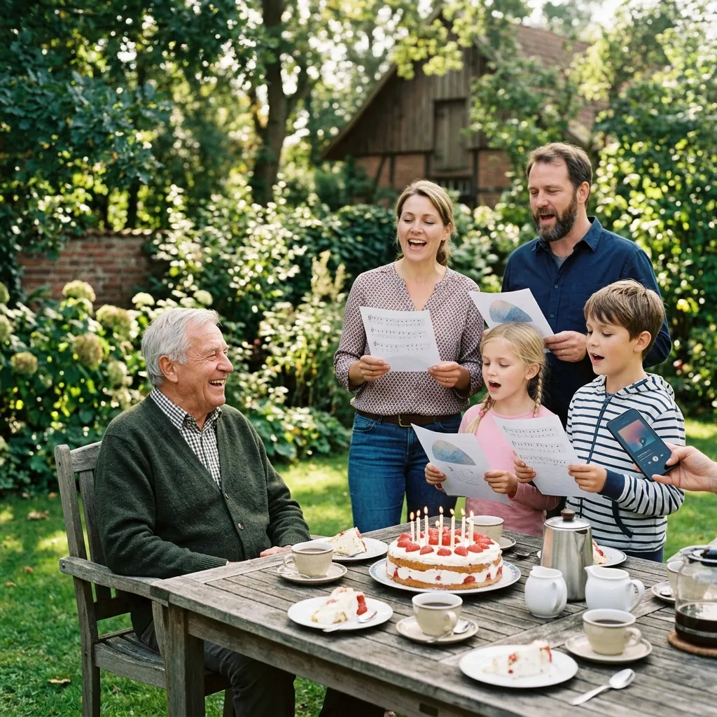 Kaffeetafel im Garten: Ein Mann um die 70 in grüner Strickjacke lacht, vor ihm singen Tochter, Schwiegersohn und zwei Enkel von Liedblättern, auf dem Tisch steht eine Erdbeertorte mit Kerzen