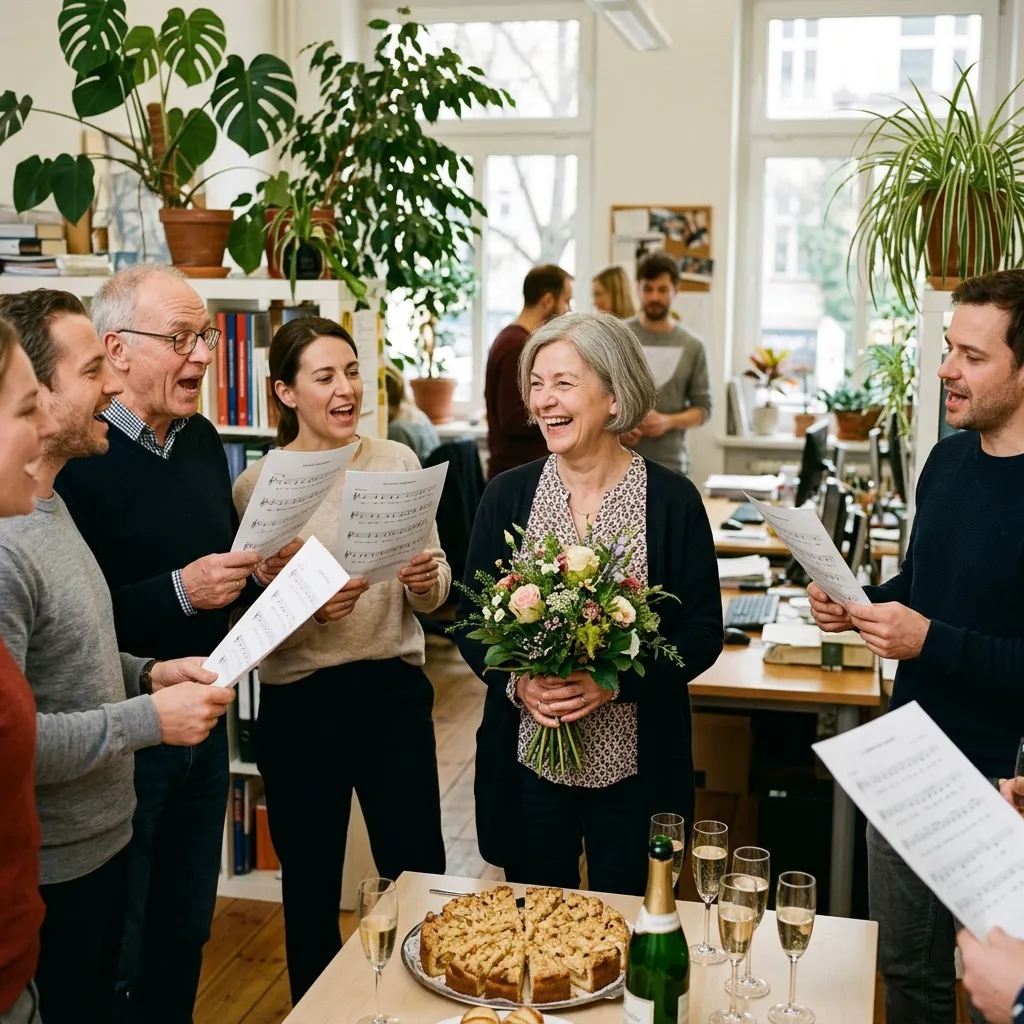 Abschiedsfeier im Büro: Kolleginnen und Kollegen singen mit Liedblättern in der Hand für eine lachende Kollegin Anfang sechzig mit Blumenstrauß, auf dem Tisch stehen Kuchen und Sektgläser