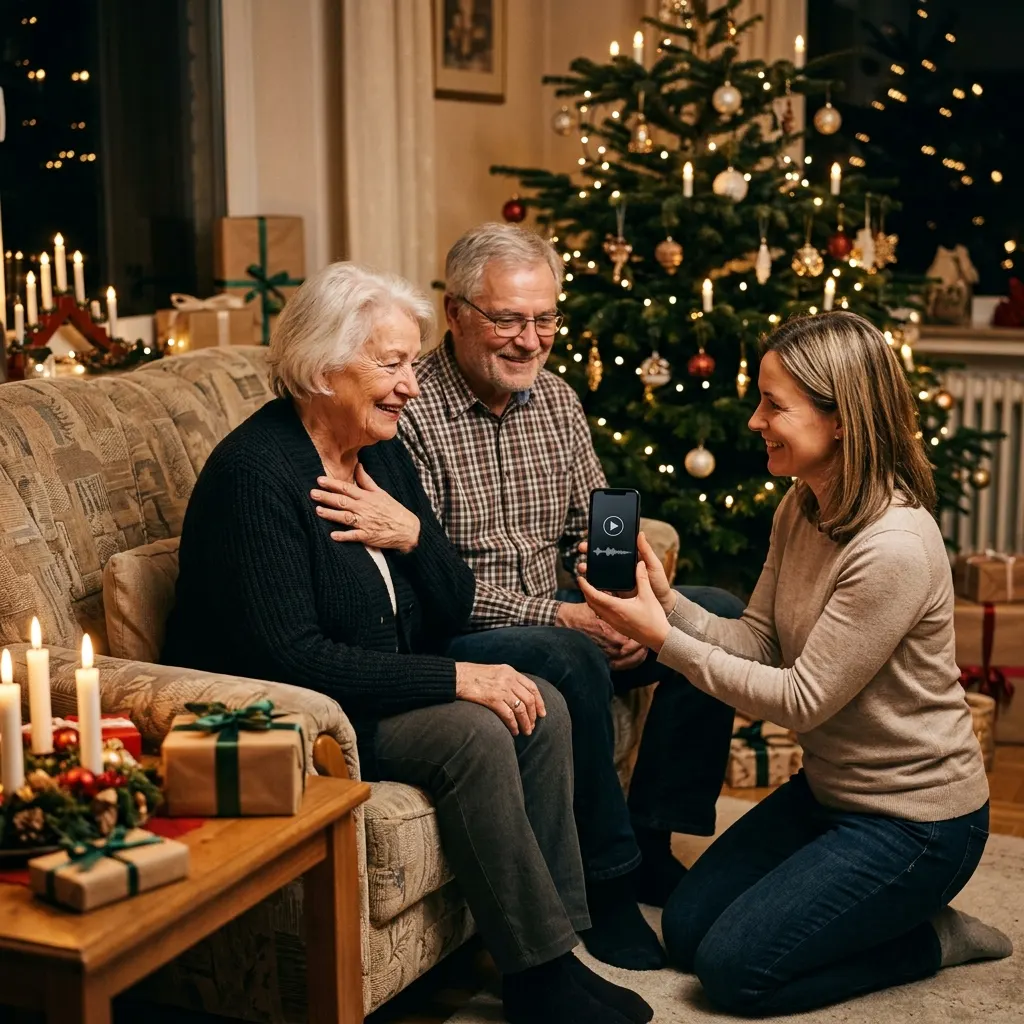 Älteres Ehepaar sitzt am Weihnachtsbaum, die erwachsene Tochter spielt den beiden auf dem Handy ein Lied vor