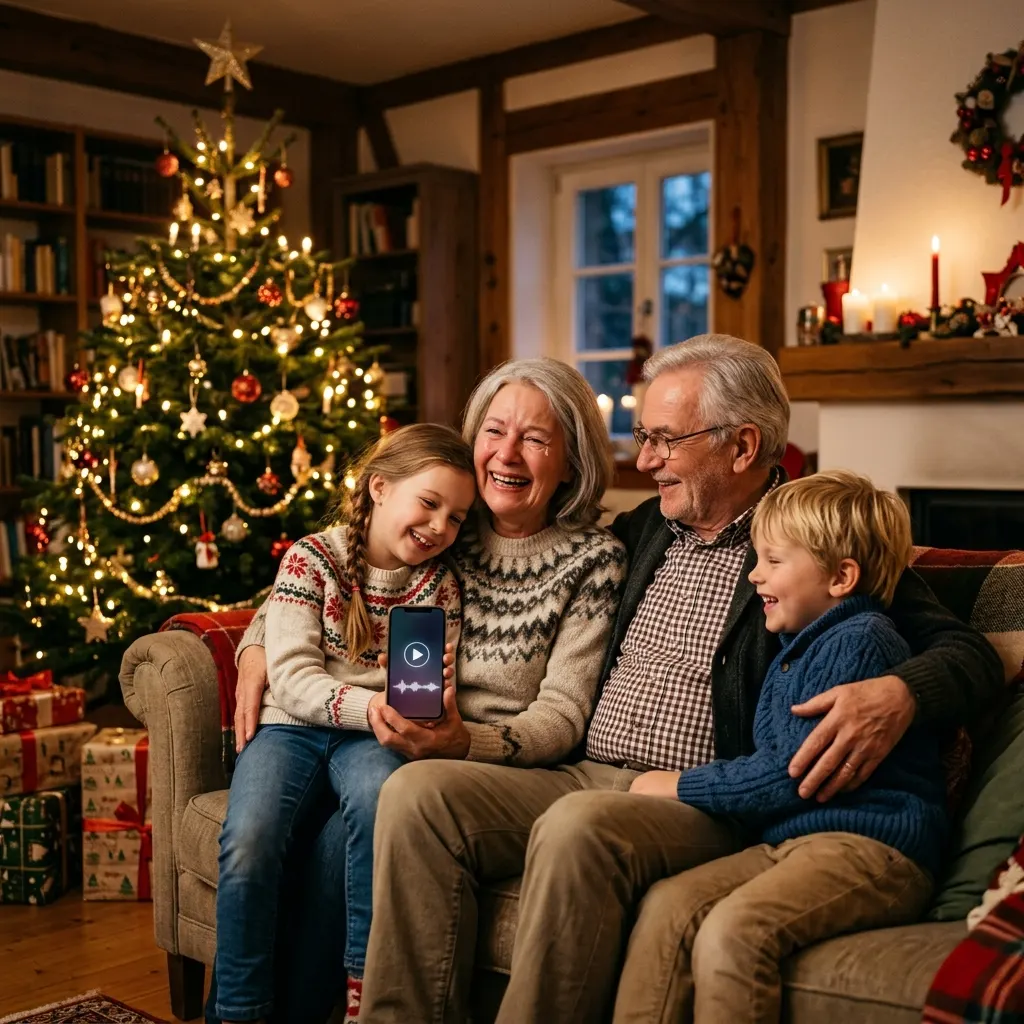 Oma und Opa am Weihnachtsbaum mit zwei Enkelkindern, die ihnen auf dem Handy ein Lied vorspielen