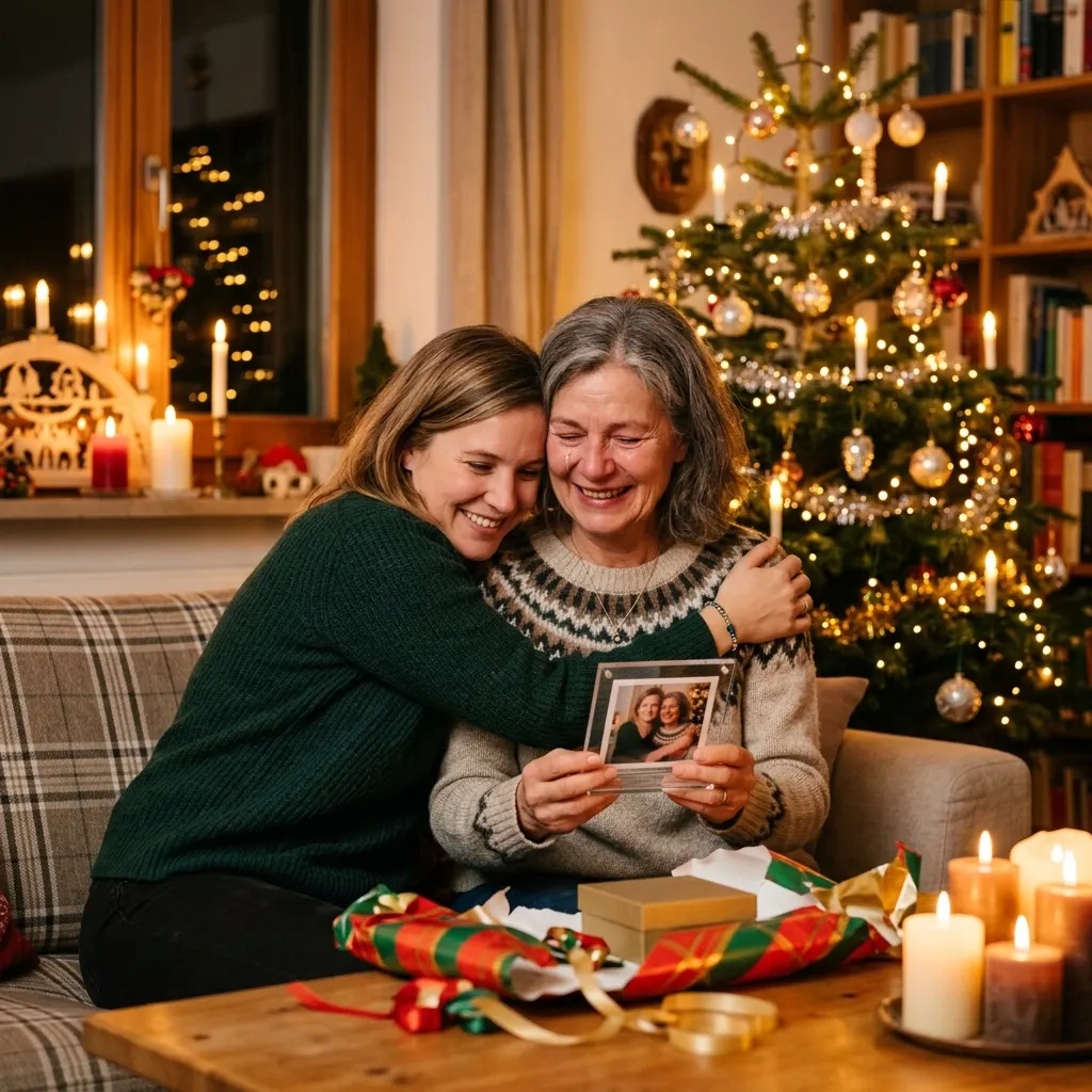 Mutter um die 60 sitzt vor dem Weihnachtsbaum und hält ein ausgepacktes Foto von sich und ihrer Tochter, die erwachsene Tochter umarmt sie von der Seite