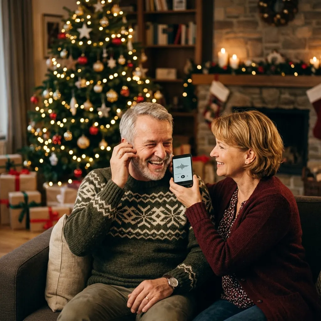 Mann um die 55 sitzt vor dem Weihnachtsbaum und hört lachend ein Lied, das ihm seine Frau auf dem Handy vorspielt