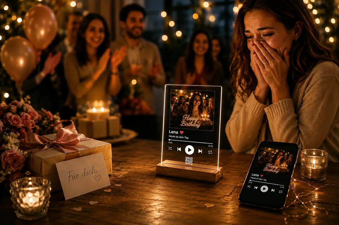 Frau hält sich gerührt die Hände vors Gesicht, während ihr persönlicher Song auf dem Acrylständer läuft — im Hintergrund applaudieren die Gäste